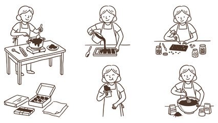 Fototapeta premium Illustration set of a woman preparing food in various scenes at home