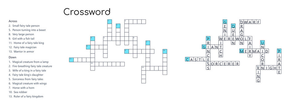 Crossword with answers about fairy tale characters on transparent background