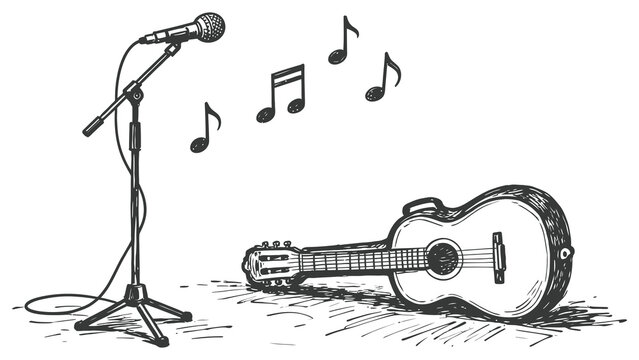 A hand-drawn guitar and microphone stand with music notes floating in the air