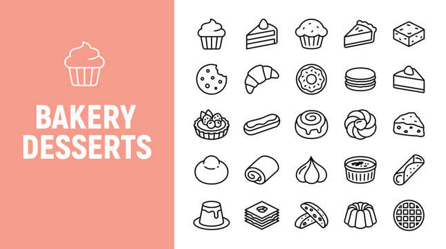 Set of thin line bakery dessert icons featuring various sweet treats for a modern menu design