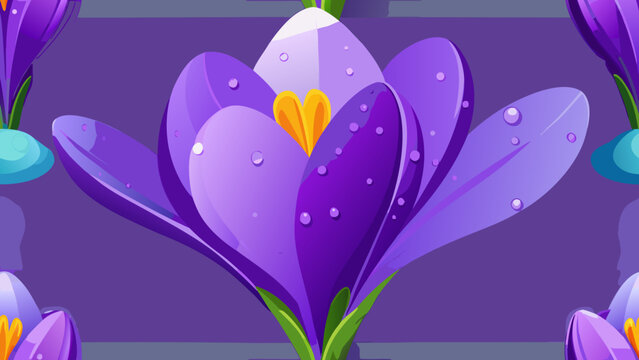Seamless pattern of purple crocus flowers with dew drops on dark purple background seamless botanical gardening illustration background wallpaper detailing moisture blooming isolated