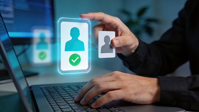 Digital identity verification security access and authentication concept showing hand holding id card next to holographic screen with user profile avatar and green checkmark