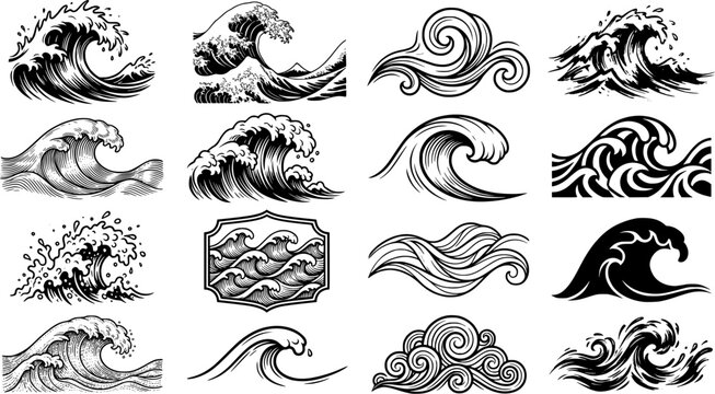 Black and White Ocean Wave Illustration Collection Vector Set with Japanese Surf, Line Art and Abstract Water Designs
