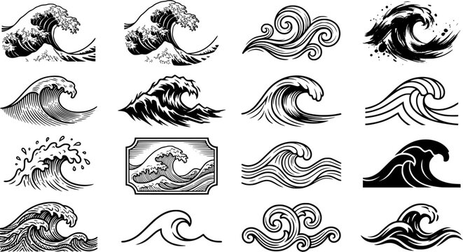 Black and White Ocean Wave Illustration Collection Vector Set with Japanese Surf, Line Art and Abstract Water Designs