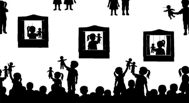 Silhouette figures watching shadow puppet theater scenes.