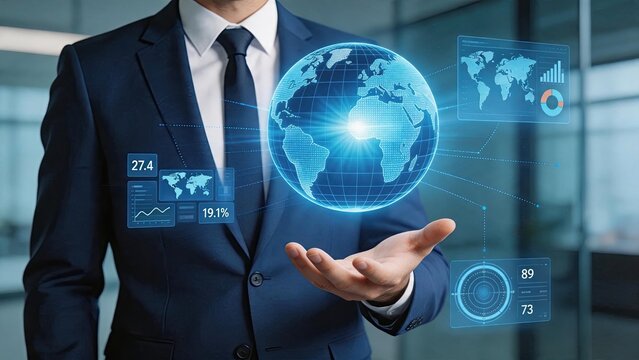 Businessman holding holographic earth globe with floating data charts and world map interfaces symbolizing global economy, international trade and corporate strategy planning