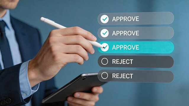 Close up of businessman hand using stylus to select approve option on digital tablet interface, making positive decision for contract or application process.