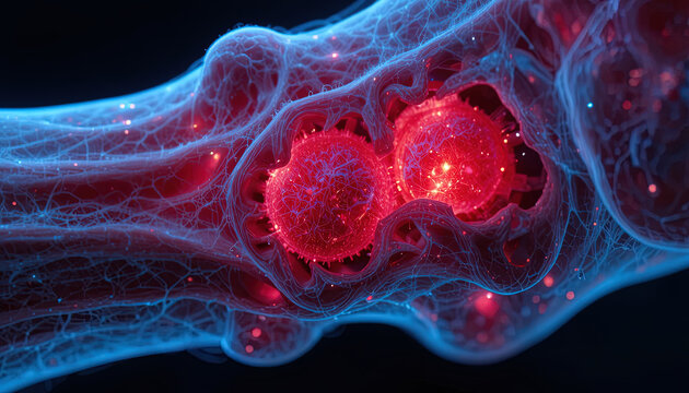 Microscopic view captures vivid red virus cells circulating through a luminous network of biological structures.
