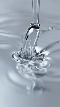 Smooth, clear liquid cascading onto a reflective surface, highlighting its dynamic flow and elegant viscosity with beautiful light reflections