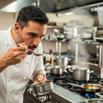 Professional Chef Tasting Soup in Commercial Restaurant Kitchen.