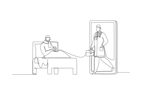 Continuous line drawing of human young man lying sick on a bed using smartphone to summon a male doctor avatar walking out from screen for emergency consultation in a minimalist style.