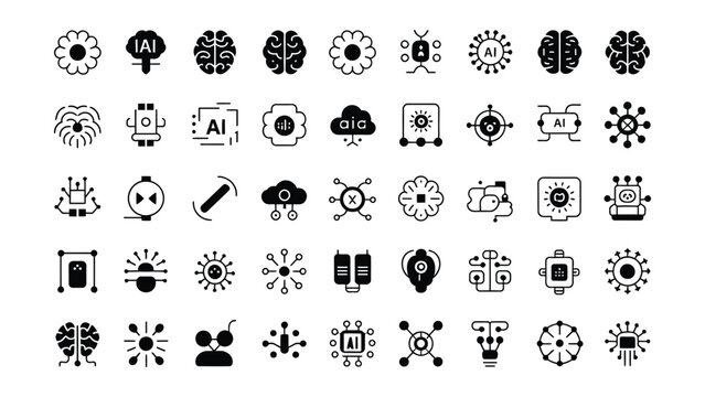 Artificial intelligence and machine learning symbols and icons on white background