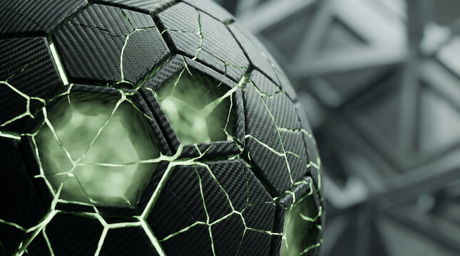 Soccer ball in futuristic hexagonal net with green glow Generative AI