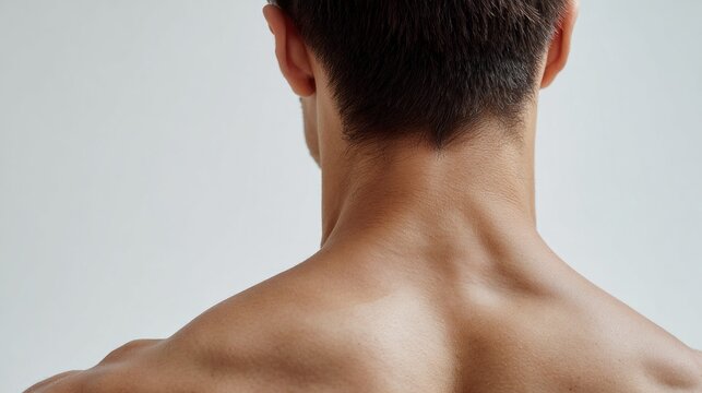 Close-up view of a man's neck and shoulders, showing skin texture and muscle definition