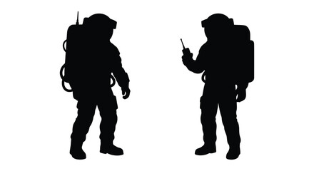 Two astronauts in spacesuits depicted as a black silhouette against a white background silhouette astronaut space © Gahima