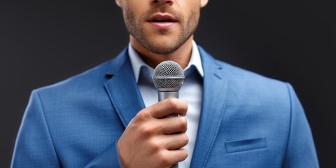 Naklejka premium Man in blue suit holding a microphone, speaking to audience, close-up shot
