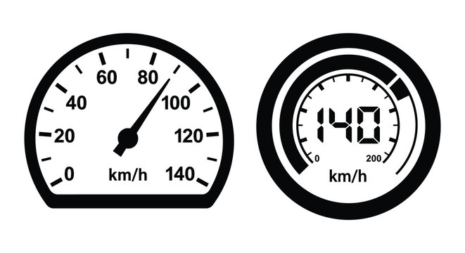 Two vehicle speedometers with black silhouettes displaying kilometers per hour against a white background silhouette speedometer