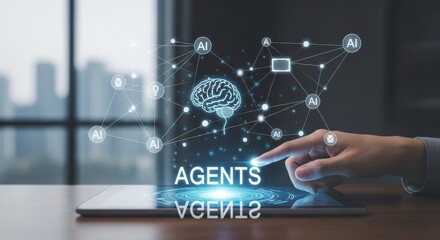 Fototapeta premium Business professional interacting with AI agents and neural network on futuristic digital interface