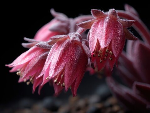 Macro photography of beautiful pink succulent flowers blooming against dark background.