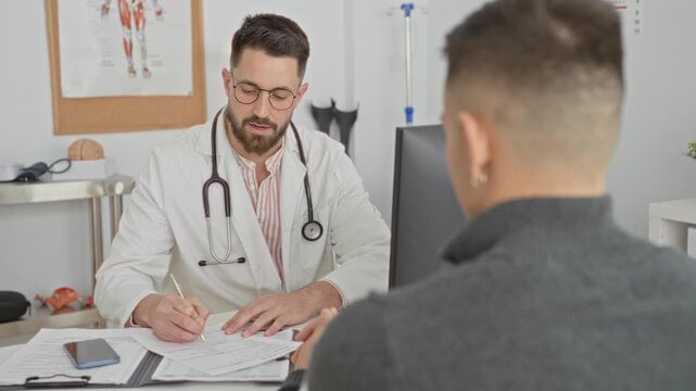 Doctor writes on medical forms with pen at desk wearing stethoscope in building; reassurance clarity.