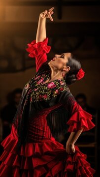 Graceful female flamenco dancer performing in a traditional red dress.