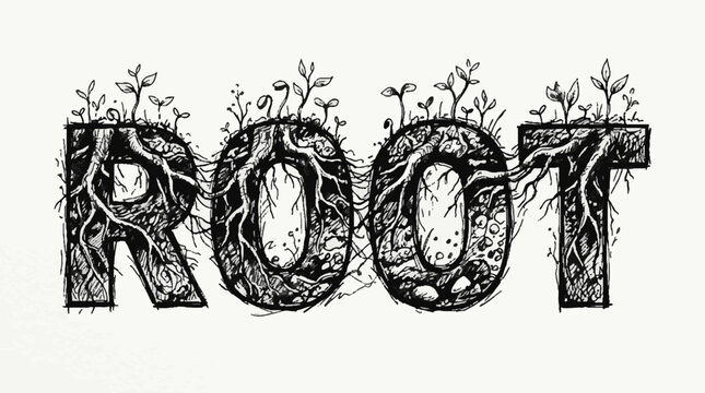 Hand drawn typography of the word ROOT featuring intricate tree roots and small green sprouts growing from the letters in a black and white sketch style
