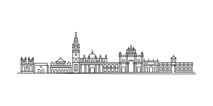 Black and white line art drawing of the morelia city skyline featuring historic colonial buildings churches and cathedral towers in a simple minimalist style