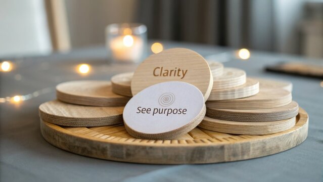 Wooden coasters with inspirational messages for mindfulness and motivation arranged on a circular tray in a cozy interior setting with soft lighting