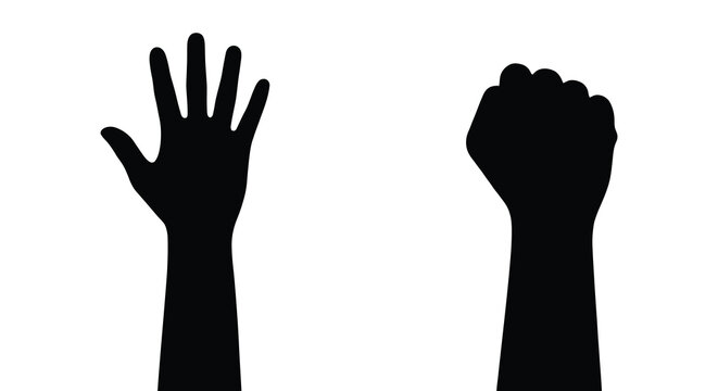 Two human hands in opposing gestures one open palm and one clenched fist silhouette hand raised