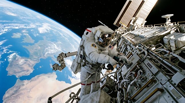Astronaut works on spacecraft module against earth backdrop in space