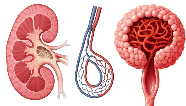 Medical illustration of kidney anatomy, nephron structure, and glomerulus with blood vessels