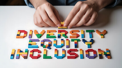 Naklejka premium Hands arranging colorful blocks spelling diversity equity inclusion symbolizing luxury, elegance, and premium quality