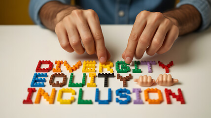 Naklejka premium Hands arranging colorful blocks spelling diversity equity inclusion emphasizing teamwork and professional collaboration