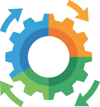 A colorful gear icon divided into four quadrants with circular arrows representing a continuous process, workflow, or system integration.