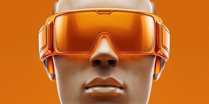 Futuristic AI robot with orange visor and sleek design on a vibrant orange background