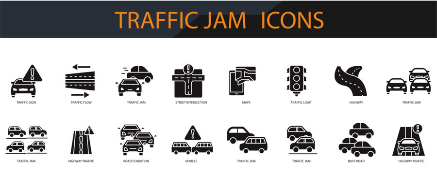 traffic jam icons set minimalist flat style design, traffic jam set Vector illustration  on white background