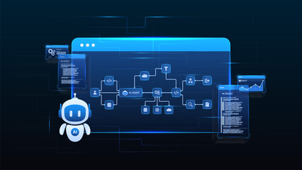 Naklejka premium AI agentic workflow diagram dashboard machine learning architecture processing system, coding, data analytics diagram and automation system.