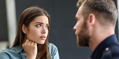 Naklejka premium Worried young woman speaking with a police officer in a serious conversation