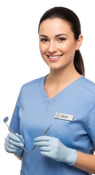 Dentist holding dental tools smiling.