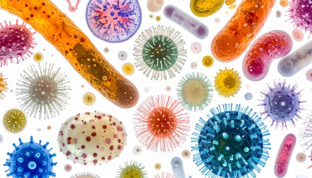Dynamic microscopic view of diverse bacteria, viruses, and microorganisms in vivid colors, illustrating the complex and essential world of microbial life for scientific exploration and health studies