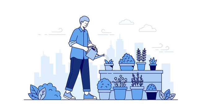 Man watering potted plants in a cityscape, urban gardening illustration