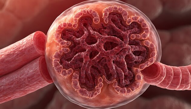 Detailed 3D medical illustration of a kidney glomerulus cross-section, showing intricate capillary network and afferent arteriole.