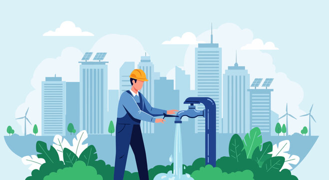 Urban utility worker operates water hydrant in eco-city with windmills and solar panels