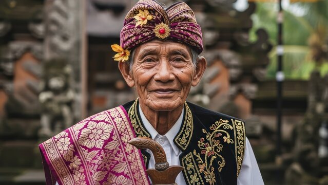 Portrait of an elderly Balinese man in traditional ceremonial clothing.