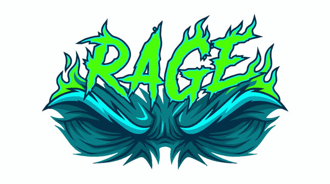Rage text graphic with green flames and dark teal stylized hair or smoke elements in a vector illustration design