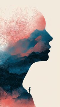 Abstract mindscape illustration showing thoughts and emotions within a conceptual profile silhouette