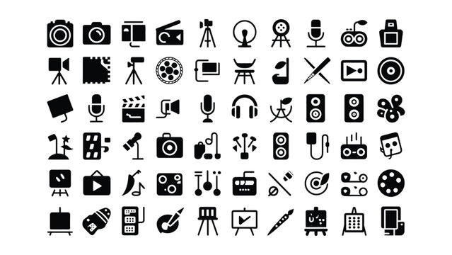 Collection of various black film and video production icons on white background