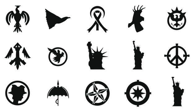 Symbols of various shapes including birds and monuments appear as a collection of black silhouettes.