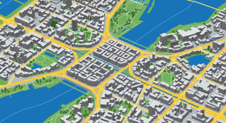 Fototapeta premium Isometric city map illustration showcasing urban development and infrastructure with green spaces