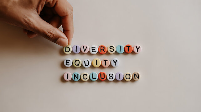 Hand arranging colorful beads spelling diversity equity inclusion symbolizing peace, mindfulness, and relaxation